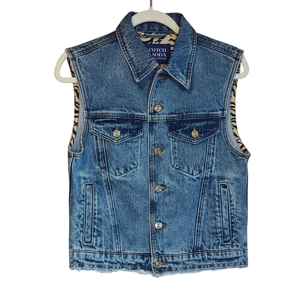 Scotch & Soda Denim Vest Women S Blue Zebra Print Lining Raw Hem Trucker